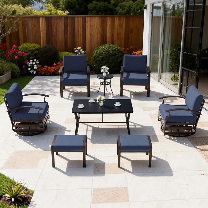 ALAULM Aluminum Patio Furniture Set with Coffee Table Rectangular, 6-seat Outdoor Sectional Furniture w/Swivel Chairs and 2 Ottomans, Patio Conversation Set for Porch, Backyard, Poolside-Dark Blue
