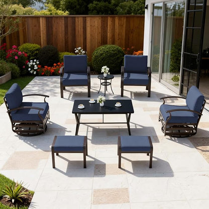 ALAULM Aluminum Patio Furniture Set with Coffee Table Rectangular, 6-seat Outdoor Sectional Furniture w/Swivel Chairs and 2 Ottomans, Patio Conversation Set for Porch, Backyard, Poolside-Dark Blue
