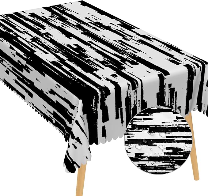 Black and White Striped Fabric Waterproof Tablecloth Vintage Texture Grain Table Cloth Dust-Proof Table Cover Protector for Restaurant Picnic Camping BBQ Decorative for Home Decor 52x70 Inch