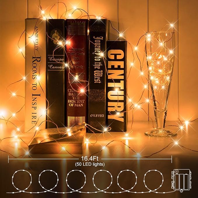 4 Pack Green Wire Fairy Lights Battery Operated Twinkle Lights | 16.4 Ft 50 LED Battery Christmas Lights Waterproof with Auto Timer 8 Modes for Xmas Wreath Tree Decor, Warm White