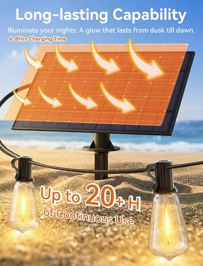 Brightever 150FT Solar String Lights Outdoor Waterproof with Remot, 55+2 Shatterproof ST38 LED Bulbs, Dimmable & 3 Lighting Modes, Warm White Solar Patio Lights for Balcony, Deck, Wedding