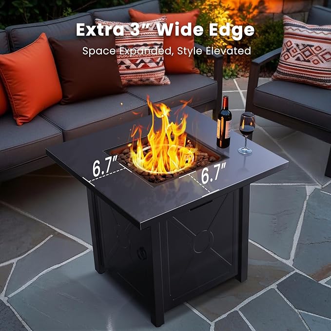 R.W.FLAME 28'' Propane Fire Pit Table, 40,000 BTU, Portable, with Lava Racks, Lid, Rain Cover, Smokeless for Outside Paito/Garden/Backyard