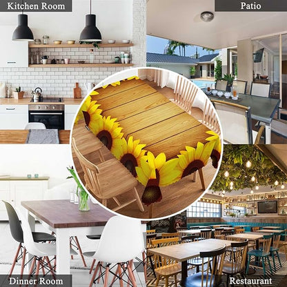 Swono Tablecloth 52"X70" Sunflowers, Beautiful Sunflowers Wooden Plank Rectangle Table Cover Anti-Oil Tablecloth for Dining Tables, Parties, Wedding and Banquet Decoration