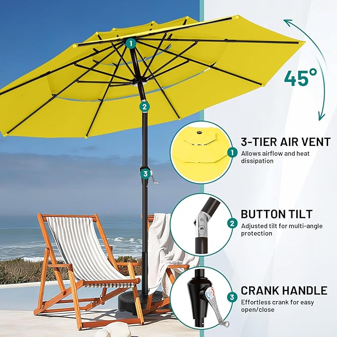AreShark 9ft 3-Tier Patio Umbrellas, Outdoor Umbrella with 8 Sturdy Ribs UV Protection Windproof, Market Table Umbrella w/Push Button Tilt & Crank for Pool, Porch, Deck, Garden(Yellow)