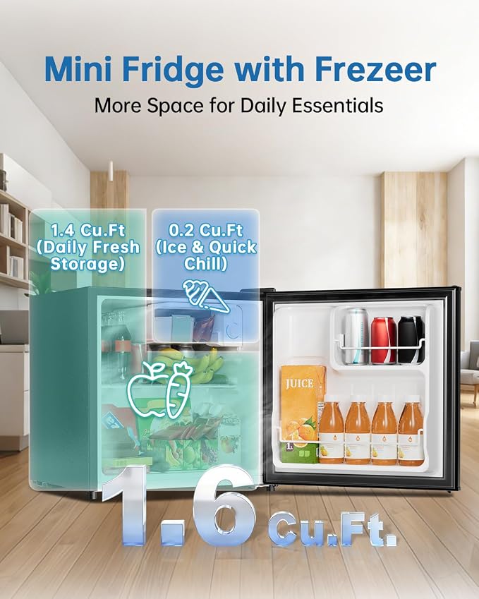 1.6 Cu Ft Mini Fridge with Freezer - 30dB Ultra Quiet Upright Freezer for Bedroom, Dorm & Office | Compact Fridge, Adjustable Thermostat, Reversible Door, ETL Certified