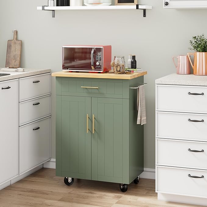 Shintenchi Kitchen Island cart with Storage, Portable Bar Cabinet on Wheels, Rolling Microwave Cart Side Table with Workstation for Kitchen, Dinning Room, Green