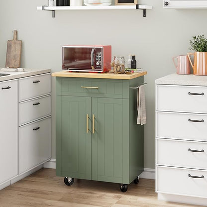 Shintenchi Kitchen Island cart with Storage, Portable Bar Cabinet on Wheels, Rolling Microwave Cart Side Table with Workstation for Kitchen, Dinning Room, Green