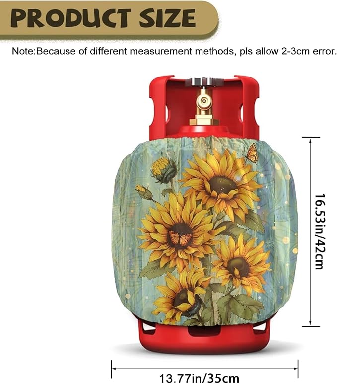 Rv Propane Tank Cover 20 lb Sunflower Wood Print Gas Tank Cover Outdoor 600D Heavy Duty Waterproof Covers Fits Standard 20 lb Cylinder, 13.7'' x 16.5''