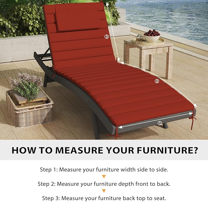 Sundale Outdoor Olefin Quilted Lounge Cushion Set of 4, Patio Foldable Chaise Lounger Cushion, Water-Resistant Lounge Chair Pad with Straps Red, 80 x 26 inches