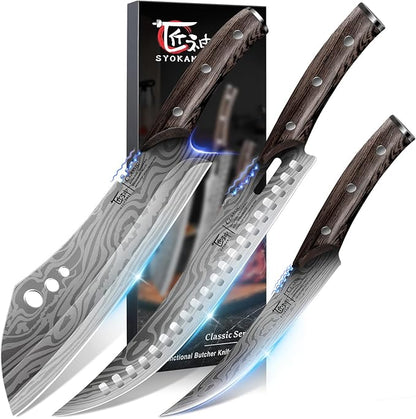 SYOKAMI Butcher Knife Set, 3 PCS Kitchen Knives Set for Cutting, Meat Cleaver Chef Knife Set, Japanese Style High Carbon Steel Knives Set, Chopping & Slicing & Boning for Home and BBQ, Ideal for Gift