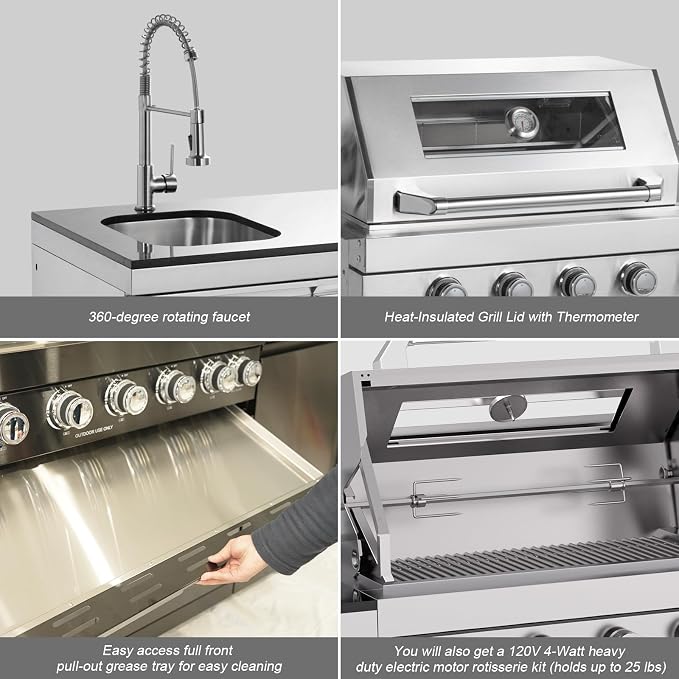 Outdoor Kitchen Island 98.4 Inch, 72000 BTU Gas Grill Combination With Refrigerator and Sink, Outdoor Stainless Steel Barbecue Bar, Natural Gas Barbecue Grill for Patios, Gardens, Parties