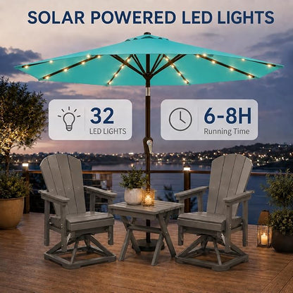 10FT Solar Patio Umbrella with Lights, Outdoor Table Market Umbrella with 32 LED Lights, 8 Sturdy Ribs, Push Button Tilt and Crank for Pool, Deck and Garden, UV-Resistant