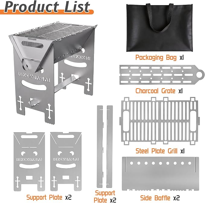 Portable Charcoal BBQ Grill, Extra Tall Heavy Duty Camping Safe | 15.7"x9.1"x15.7",2mm Steel Construction for Outdoor Cook, Family BBQ, Picnic，Detachable, Folds to 3cm Flat for Easy Storage