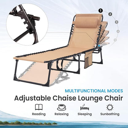 Outdoor Folding Chaise Lounge 5-Position Adjustable Recliner 400LB Heavy Duty Portable Patio Camping Beach Chair, Beige