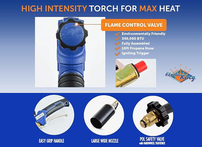 Flame King Propane Torch Kit Heavy Duty Weed Burner, 340,000 BTU with Piezo Igniter (Self Igniting), with 10-ft Hose for Weed Burning, Melting Ice and Snow, and Roofing