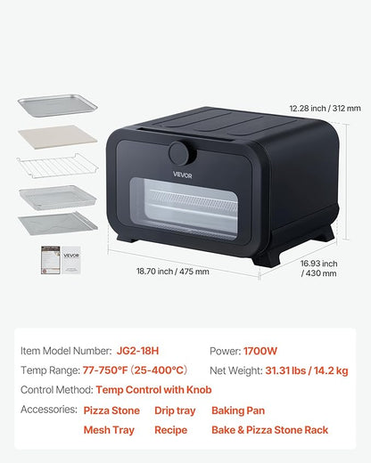 VEVOR Pizza Oven, 8 Presets Electric Pizza Ovens Air Fry Combo, 12-Inch Indoor Pizza Maker Smart Knob Control, 750°F Max Temp, IPX4 Waterproof Countertop Pizza Cooker w/Pizza Stone,Fry Basket