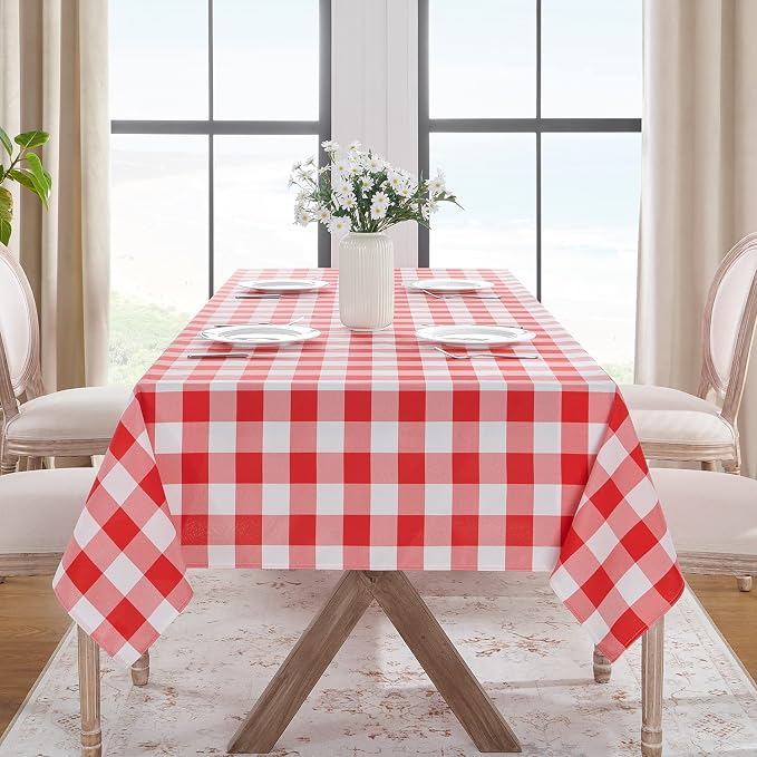Softalker Gingham Checkered Tablecloth Rectangle - Outdoor Waterproof Buffalo Plaid Table Cloth, Stain Resistant Washable Table Cover for Picnic, Camping, Dining - Red and White, 54 x 108 Inch