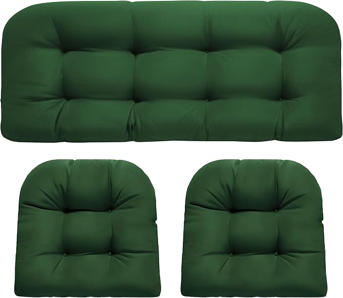 DANGHOOGY Wicker Chair Cushions, Waterproof Outdoor Loveseat Cushions for Patio Furniture, 3 Pieces Wicker Furniture Cushions, 1 Loveseat and 2 U-Shaped Cushions, Green