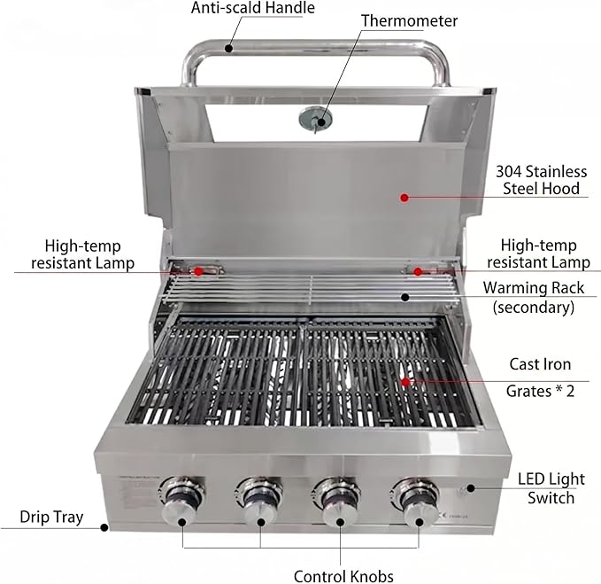 Premium 4 Burner Built In Gas & Charcoal Grill Island Head, Portable 304 Stainless Steel Outdoor Grill, 50,000 BTUs, 403 SQ In Racks, Dual Fuel Compatibility(27-IN)