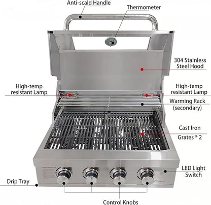 Premium 4 Burner Built In Gas & Charcoal Grill Island Head, Portable 304 Stainless Steel Outdoor Grill, 50,000 BTUs, 403 SQ In Racks, Dual Fuel Compatibility(27-IN)