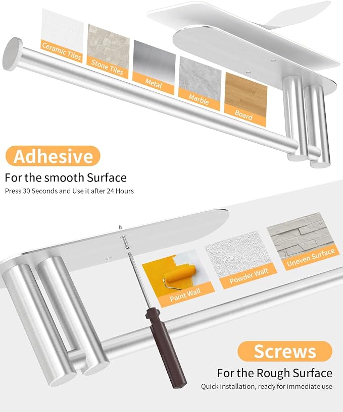 STWWO Under Cabinet Paper Towel Holder, Self Adhesive Paper Towel Rack | Brushed Nickel, Under Counter Under Sink Paper Towel Holder, Self-Adhesive or Wall Mounted, Fits Kitchens Bathrooms & RV