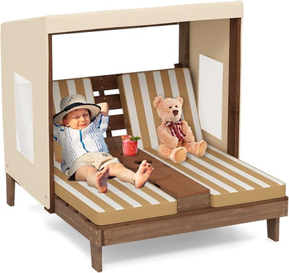 Costzon Kids Lounge Chair Outdoor, Wood Double Seat Chaise Lounge with Canopy, Cup Holders, Cushion, Backrest Recliner, Kids Patio Furniture, Gift for Boys Girls 3-8 Years Old