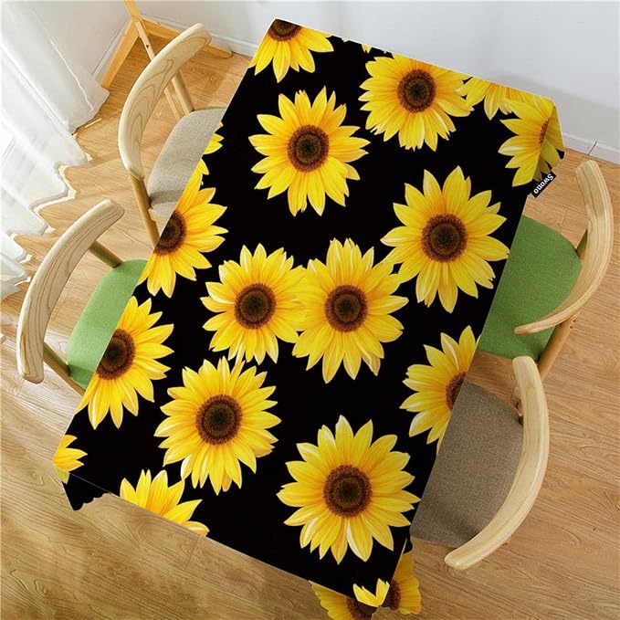 Swono 52x70 Inch Sunflowers Tablecloth Yellow Black Floral Blossom Sunflower Farmhouse Dining Table Cloth Anti-Stain Talking Table Cover for Kitchen Dinning Room Coffee Store