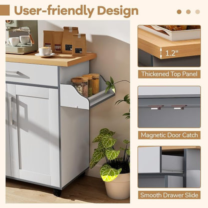 COSTWAY Kitchen Island On Wheels, Rolling Storage Trolley Cart | with Large Cabinet, Drawer, Spice Rack and Towel Rack, Kitchen Serving Utility, 3-Position Adjustable Shelf (Grey)