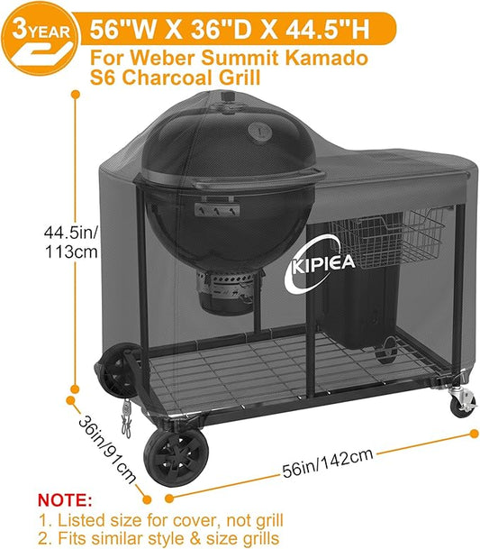 Kipiea 600D Heavy Duty Grill Cover for Weber Summit Kamado S6 Charcoal Grill - Charcoal Grill Cover with 4 Buckles, Wind Resistant Anti UV & No Tears(56" W X 36" D X 44.5" H)