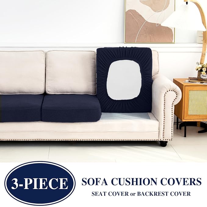 LA MEACK Couch Cushion Covers Seat Cushion Cover Stretch Couch Cover Separate Sectional Sofa Slipcovers Furniture Protector(3 Pieces for Seat or Sofa Backrest, Navy)