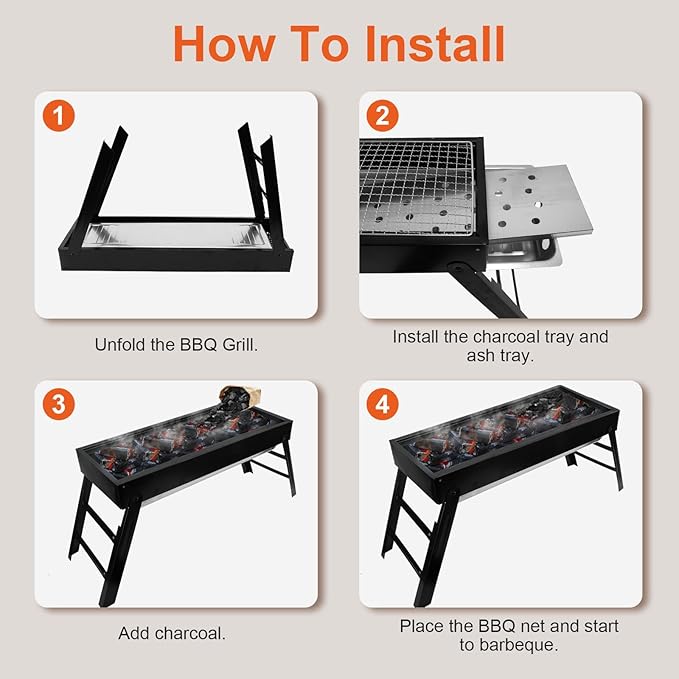 Foldable Charcoal BBQ Grill, 21.8x8.8x12in Portable Grill Charcoal with Side Table, Stainless Steel BBQ Grill, Easy Setup Tabletop Barbecue Grill for Camping Picnic Outdoor Party Backyard Travel