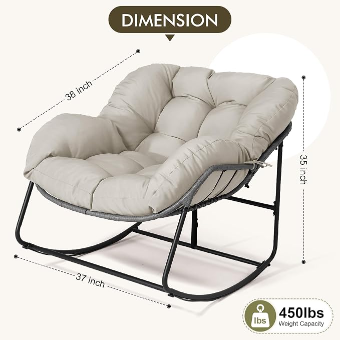 Bifanuo Oversized Egg Rocking Chair for Indoor Outdoor – All-Weather Wicker Rattan Lounge Chair with Cushion Patio Rocker for Porch Garden or Balcony (Beige)
