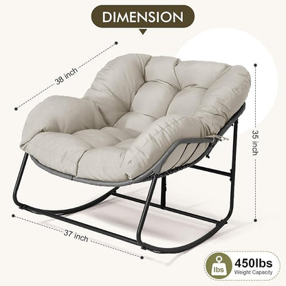 Bifanuo Oversized Egg Rocking Chair for Indoor Outdoor – All-Weather Wicker Rattan Lounge Chair with Cushion Patio Rocker for Porch Garden or Balcony (Beige)