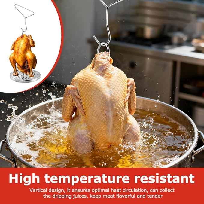 Stainless Steel Turkey Fryer Stand Kit,Turkey Rack,Vertical Turkey Roasting Stand with Chrome Finish Wire Handle Lifter Hook for Deep Fry Grill Oven BBQ