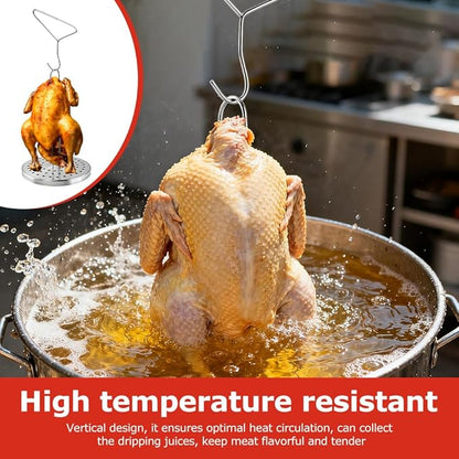 Stainless Steel Turkey Fryer Stand Kit,Turkey Rack,Vertical Turkey Roasting Stand with Chrome Finish Wire Handle Lifter Hook for Deep Fry Grill Oven BBQ