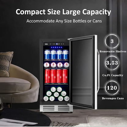 Velivi 15 Inch Beverage Refrigerator and Cooler - 125Cans Capacity Mini Beer Drink Fridge with Glass Door and Lock Under Counter Built-in or Freestanding - for Soda, Beer, Wine - for Home Bar Kitchen