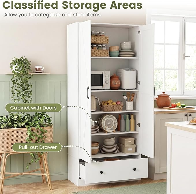 GIANTEX 72" Tall Kitchen Pantry Cabinet, Farmhouse Cupboard, White | Wooden Buffet Cabinet w/ 2 Doors, Drawer & Adjustable Shelf, Freestanding Versatile Storage Cabinet for Living Room Bathroom