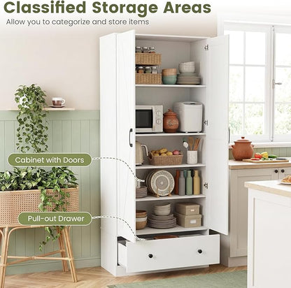 GIANTEX 72" Tall Kitchen Pantry Cabinet, Farmhouse Cupboard, White | Wooden Buffet Cabinet w/ 2 Doors, Drawer & Adjustable Shelf, Freestanding Versatile Storage Cabinet for Living Room Bathroom