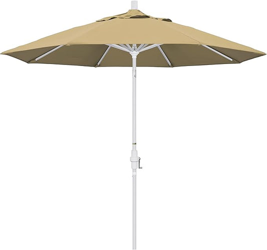 California Umbrella 9' Round Aluminum Market Umbrella, Crank Lift, Collar Tilt, White Pole, Champagne Olefin