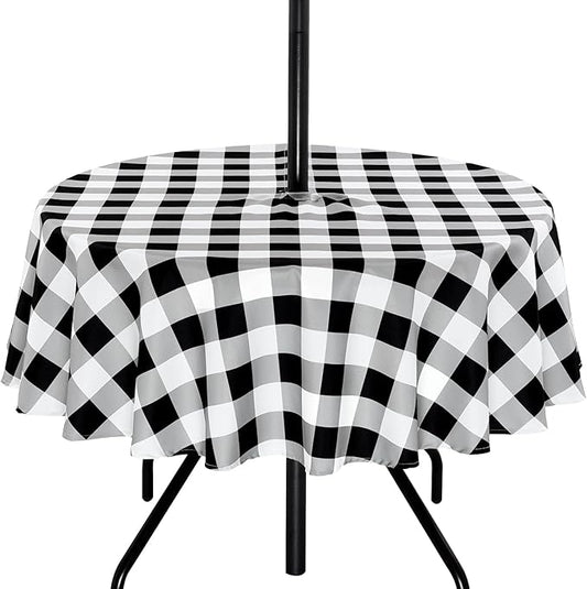 Poise3EHome Round Outdoor Tablecloth with Umbrella Hole and Zipper,Black and White Gingham 70 Inch,SpillProof Washable Table Cloth for Spring Summer Patio Garden Poolside Picnic Camping BBQS