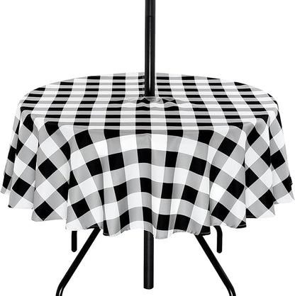 Poise3EHome Round Outdoor Tablecloth with Umbrella Hole and Zipper,Black and White Gingham 60 Inch, SpillProof Washable Table Cloth for Spring Summer Patio Garden Poolside Picnic Camping BBQS