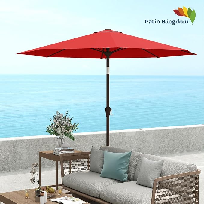 9FT Patio Umbrella with Fiberglass Ribs, Outdoor Market Table Umbrella with Crank and Tilt, UV Resistant Waterproof Canopy for Patio, Garden, Deck, Pool, Red