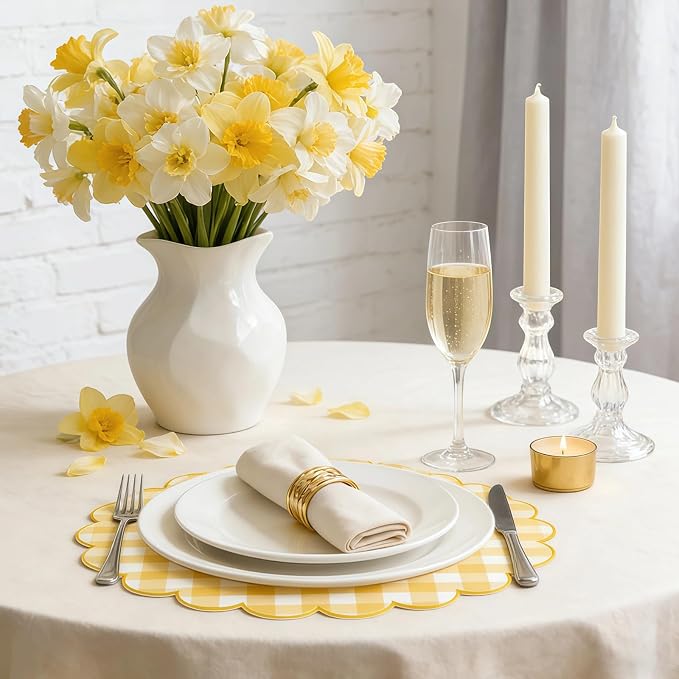 100Pcs Checkered Paper Placemats Yellow Gingham Place Mats 13.5 Inch Disposable Round Decorative Dining Table Mat with Scalloped Edge Paper Cutouts Decor for Wedding Baby Shower Table Party Supplies