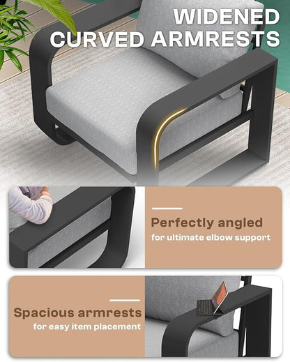 Oversized Aluminum Outdoor Furniture Set, Extra Large Patio Furniture Sofa Set 4.8” Widened Armrest & Ultra-Thick Cushions, 4 Pcs Modern Patio Sectional for Backyard, Deck, Gray