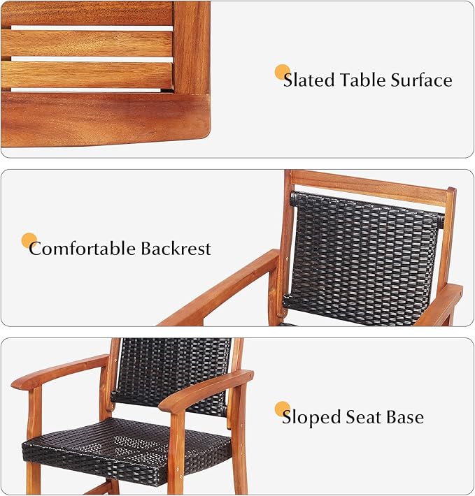 Tangkula 3-Piece Patio Acacia Wood Bistro Set, Patiojoy Outdoor Furniture Set with 2 Chairs & Side Table, Weather Resistant Rattan Garden Conversation Chair Set for Pool Side, Deck, Balcony