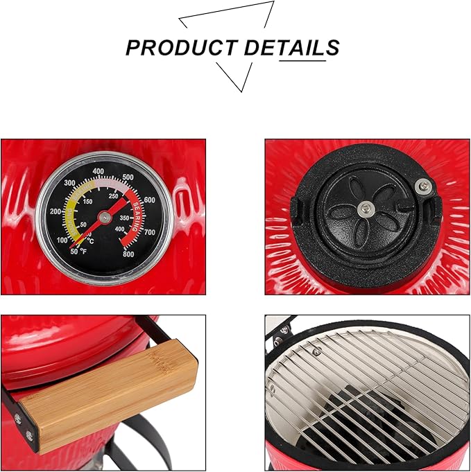 Portable Ceramic Grill 13" Round Charcoal Barbecue Grills with Thermometer, Compact BBQ Grill for Garden Party Picnic Hiking Travel Backyard Cooking, Easy to Assemble, Asadores de Carbon, Red