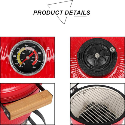 Portable Ceramic Grill 13" Round Charcoal Barbecue Grills with Thermometer, Compact BBQ Grill for Garden Party Picnic Hiking Travel Backyard Cooking, Easy to Assemble, Asadores de Carbon, Red