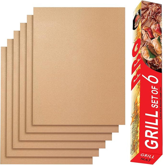 Grill Mats for Outdoor Grill, Set of 6 Copper Grill Mat, Non-Stick and Reusable BBQ Copper Sheets for Gas Grilling Charcoal Electric Barbecue Cooking Accessories, PFOA Free, 15.75 X 13in