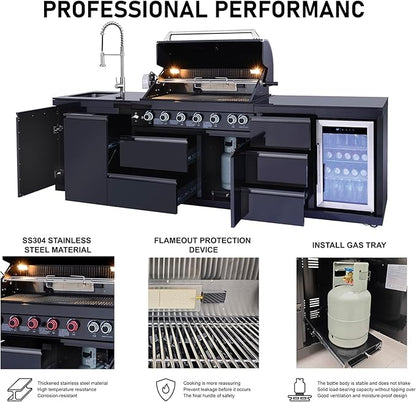 114" Outdoor Kitchen Island with Grill, 6-Burner 83,500 BTU Propane BBQ Island, Refrigerator, Sink with Trash Can Holder & 3-Drawer Cabinet, for Backyard and Patio Cooking, Black