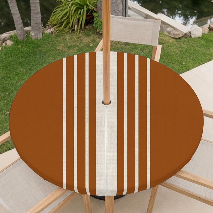 Outdoor Fitted Tablecloth with Umbrella Hole and Zipper, Burnt Orange Beige Striped Elastic Round Patio Table Cover, Farmhouse Retro Lines Modern Table Protector for Backyard BBQ Party 31''-35''